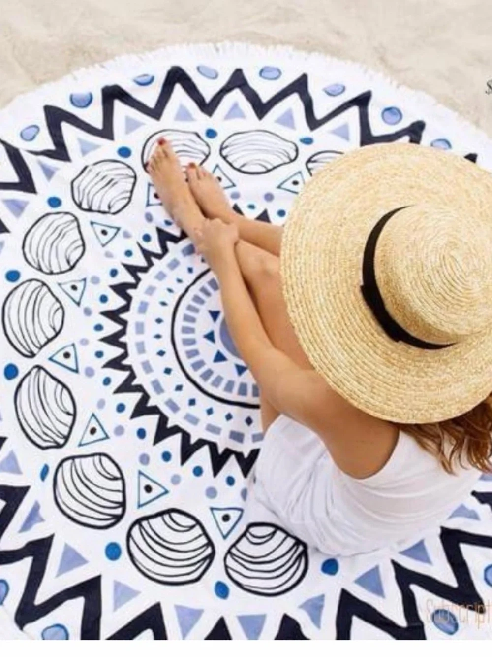 Tofino Chesterman 59” Round Shell-Print Beach Towel in White & Blue